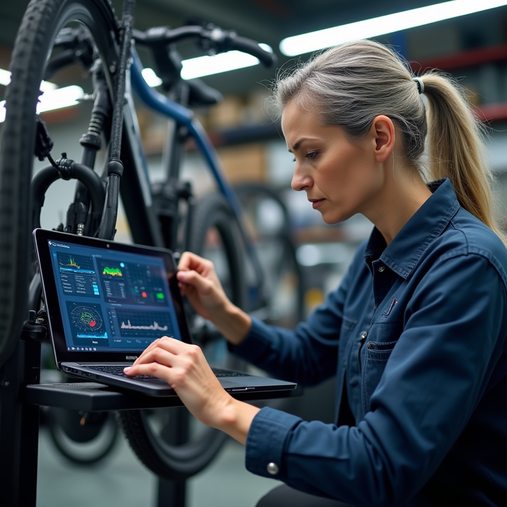 Techniker bei der E-Bike Diagnose mit Diagnosegerät